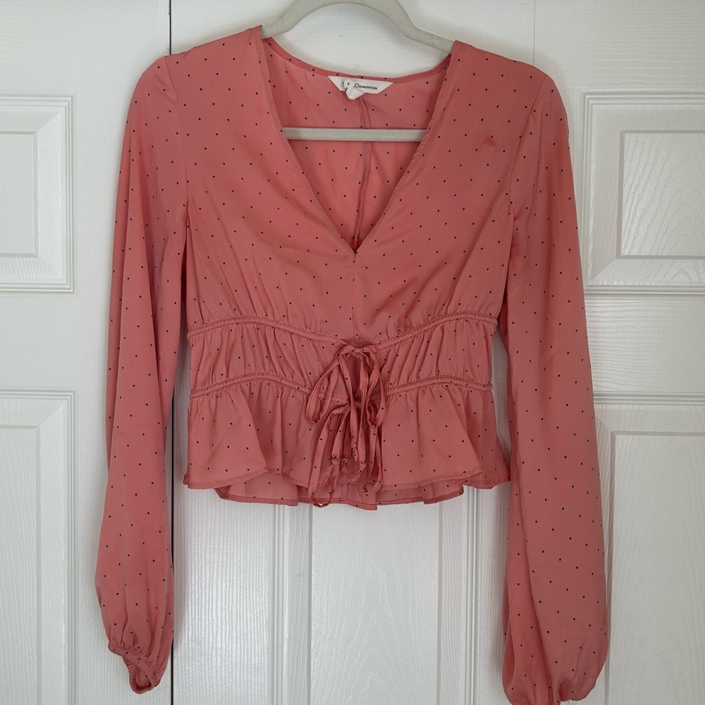 BCBG generation pink and black polka dot satin long sleeve top with ties